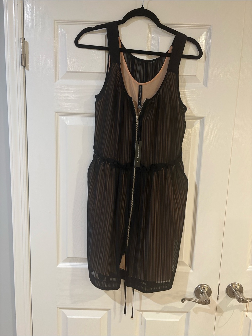 W118 by Walter Baker Black Sheer Zip-Front Mini Dress with Nude Lining